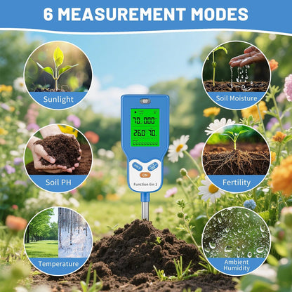 6-in-1 Soil Tester Digital PH Meter/Soil Moisture/Sunlight Intensity/Air Temp & Humidity/Fertility Soil Meter with Backlight LCD Display for Gardening, Farming, Indoor and Outdoor Plants
