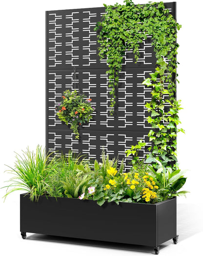 Metal Raised Garden Bed with Trellis, 2-in-1 Planter Box & Privacy Screen for Climbing Plants, Outdoor Standing Flower Bed with Drainage Holes, 47.2" L x 16.7" W x 70.8" H, Black-Brick