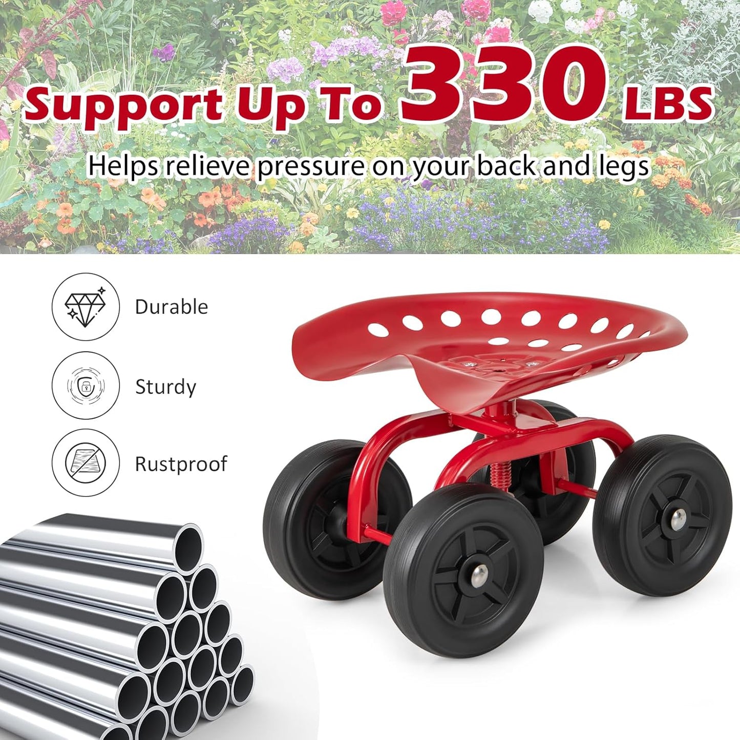 Goplus Garden Cart with Wheels, Utility Stool Cart w/Adjustable 360 Degree Swivel Seat, Outdoor Lawn Yard Rolling Work Seat, Garden Scooter for Planting (Red)