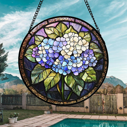 Stained Glass Window Hanging, Hydrangea Flowers Sun Catchers Diamond Glass Panel Hangings Plant Suncatcher Decor for Birthday for Women, Men, Wife, Aunt, and Mom 14.9x14.9 in