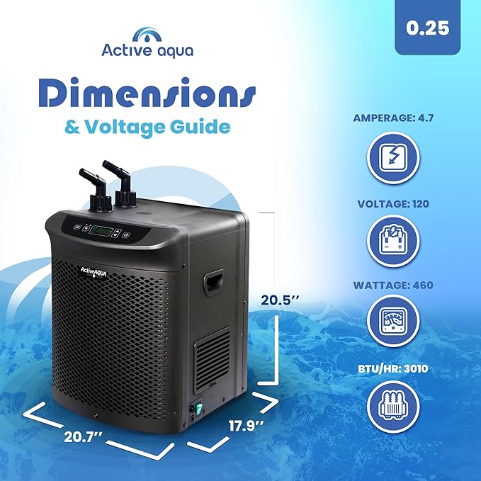 ACTIVEAQUA Hydroponic Water Chiller w/Boost Function, 0.25 HP - Adjustable Cooling System for 40-92 Gallon Reservoirs, Pure Titanium Evaporator Cooler for Aquaponics, Cold Plunge Baths & Aquariums