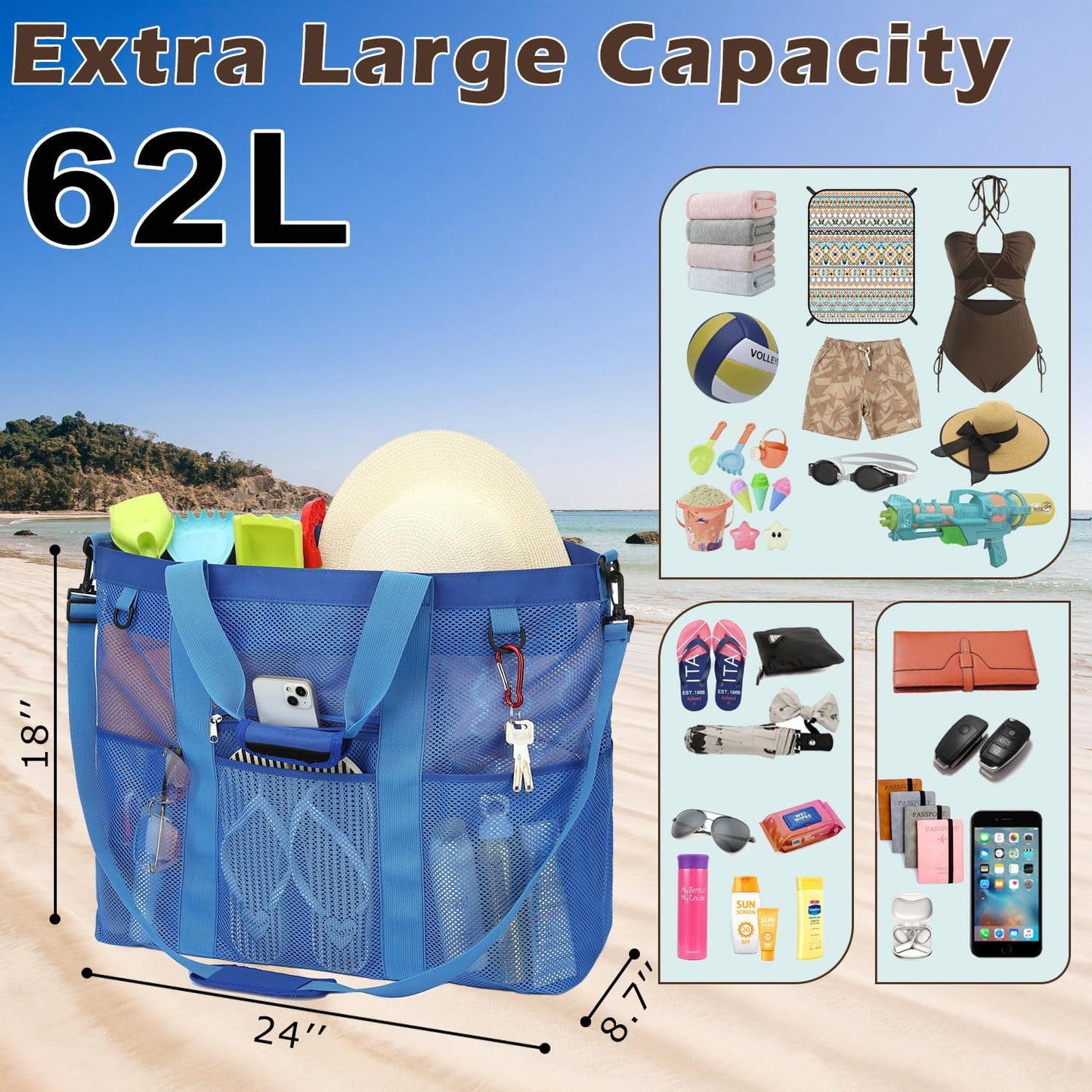 Mesh Beach Bag, Large Beach Tote with Zipper Pocket for Family Pool Bag for Toys & Vacation Essentials