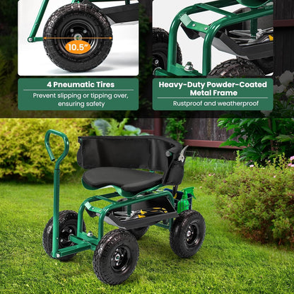ERGOMASTER Rolling Garden Seat with Wheels, Adjustable 360° Swivel Workseat and Storage Basket, Extendable Handle, Outdoor Gardening Wagon Scooter, Green