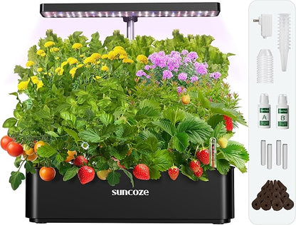 SUNCOZE Hydroponics Growing System Kit 12 Pods, 24W LED Grow Light Indoor Garden, 4L Water Tank with Quiet Pump, Adjustable Height Herb Garden Planter Indoor Kit, Gardening Gifts, Black