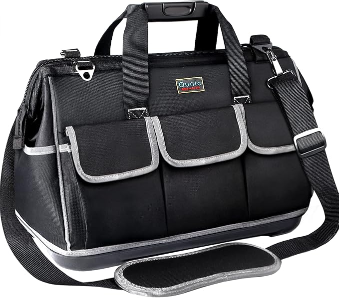 Tool Bag, Ounic 22 Inch Large Heavy Duty With Wide Mouth and Waterproof Strong Molded Base tool Organizer with Adjustable Shoulder Strap Specially Designed for Various Tools（Black)