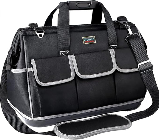 Tool Bag, Ounic 22 Inch Large Heavy Duty With Wide Mouth and Waterproof Strong Molded Base tool Organizer with Adjustable Shoulder Strap Specially Designed for Various Tools（Black)
