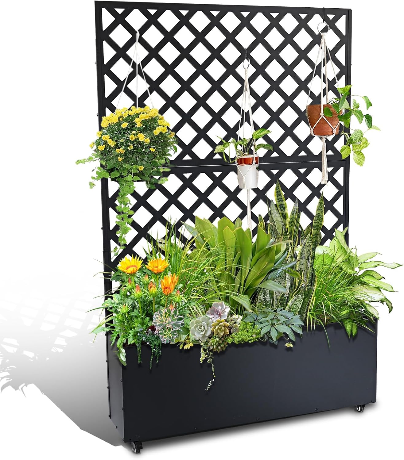 GarveeLife Metal Planter Box with Trellis, 73"x47"x12" Raised Garden Bed with Trellis & Wheels, Outdoor Garden Box with Privacy Screen & Drainage Holes for Climbing Plants Flower Vegetable, Black
