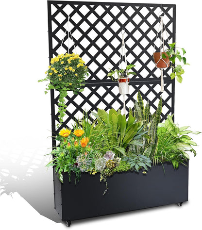 GarveeLife Metal Planter Box with Trellis, 73"x47"x12" Raised Garden Bed with Trellis & Wheels, Outdoor Garden Box with Privacy Screen & Drainage Holes for Climbing Plants Flower Vegetable, Black