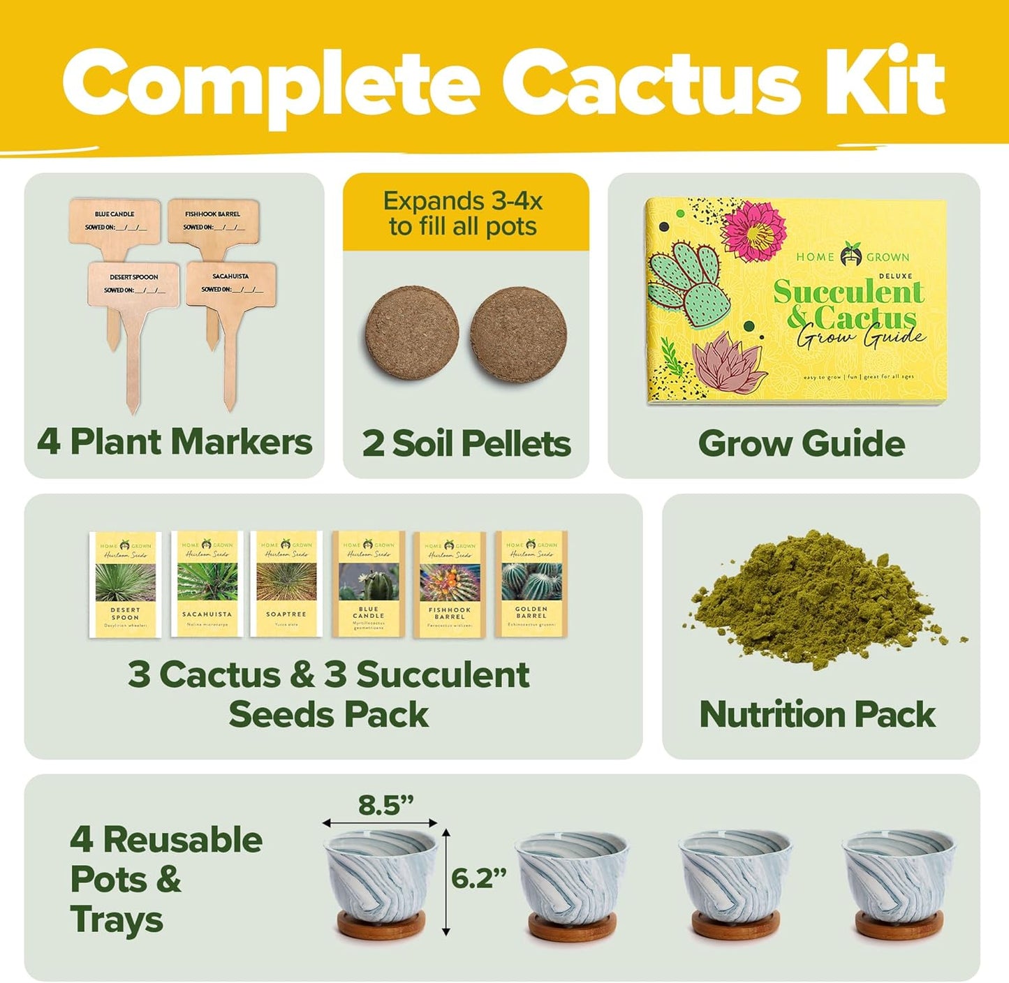 Succulent & Cactus Grow Kit – Complete Plant Gift Set with 4 Ceramic Pots & Trays, 6 Seed Packs (3 Cactus, 3 Succulent), Plant Markers, Peat Pellets, Nutrients & Guide – Ideal Holiday & Birthday Gift