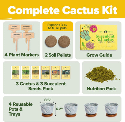 Succulent & Cactus Grow Kit – Complete Plant Gift Set with 4 Ceramic Pots & Trays, 6 Seed Packs (3 Cactus, 3 Succulent), Plant Markers, Peat Pellets, Nutrients & Guide – Ideal Holiday & Birthday Gift