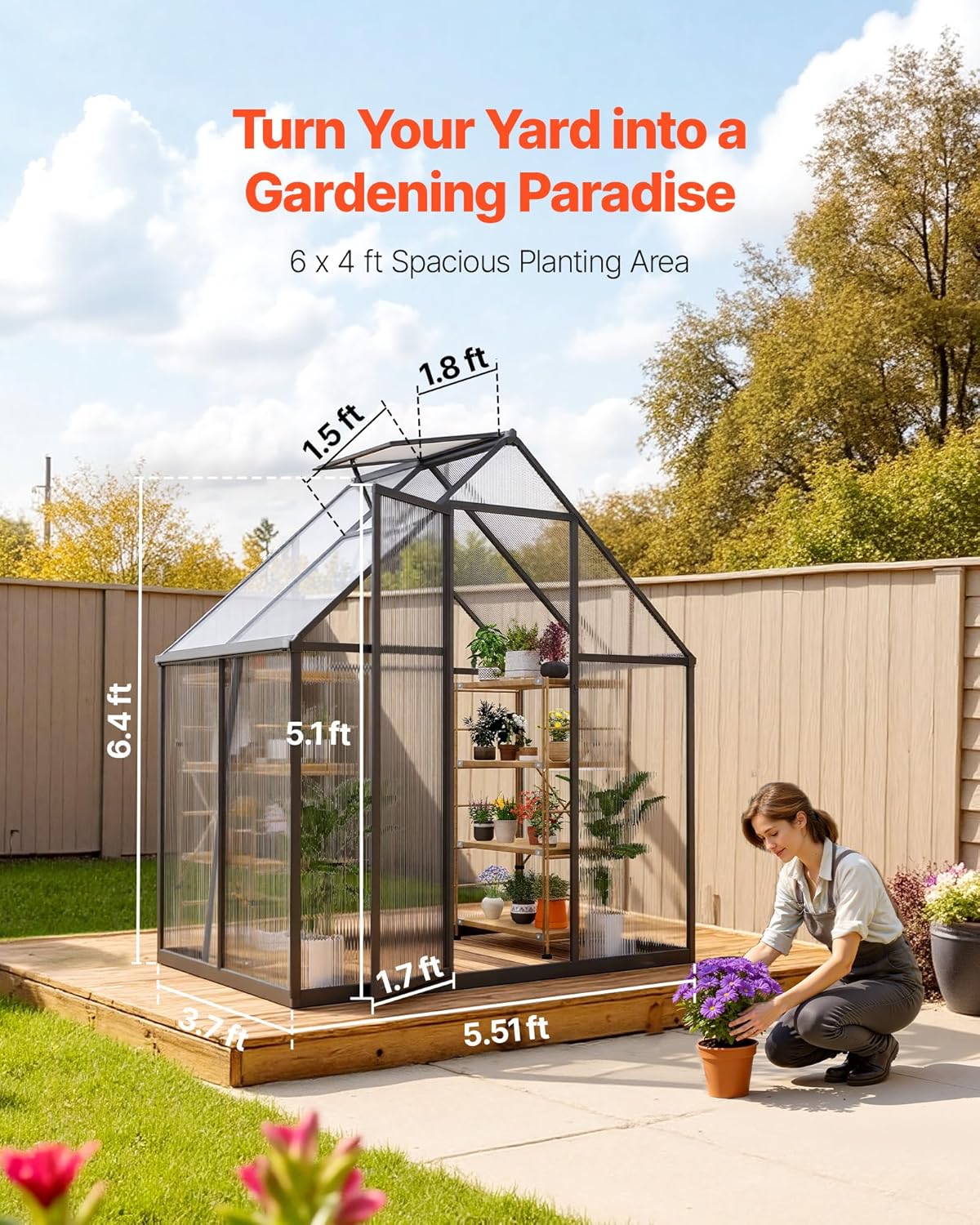 VEVOR 6 x 4 FT Polycarbonate Greenhouse, Heavy Duty Outdoor Green House with Adjustable Vent & Push-Pull Lockable Door, Quick Setup, Aluminum Frame Walk-in Greenhouse Sunroom for Outside Garden Lawn