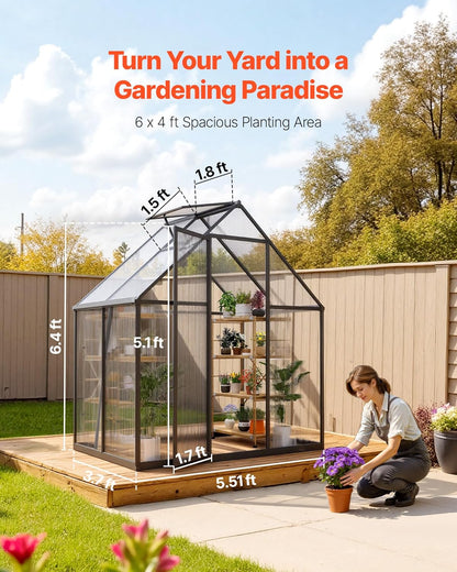VEVOR 6 x 4 FT Polycarbonate Greenhouse, Heavy Duty Outdoor Green House with Adjustable Vent & Push-Pull Lockable Door, Quick Setup, Aluminum Frame Walk-in Greenhouse Sunroom for Outside Garden Lawn