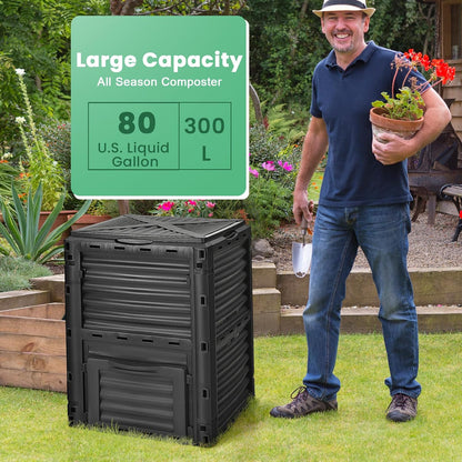 Compost Bin Outdoor, 80 Gallon Garden Compost Bin with Top Lid & Bottom Door, Aerating Outdoor Compost Box Waste Container Barrel Fertilizer for Garden & Yard (Black)