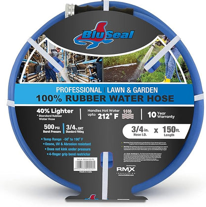 BluSeal Hot/Cold Water Rubber Garden Hose, 100% Rubber, Ultra-Light, Super Strong, 500 PSI, 50F to 190F Degrees, High Strength Polyester Braided (3/4" x 150)