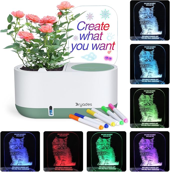 Self-Watering Plant Pot with LED Note Board & 7 Colors Pen Acrylic Message Board with Light Acrylic Dry Erase Board, Led Cat Board Night Light with Planting Pot for Room/Store/Office (No Plant&Seed)
