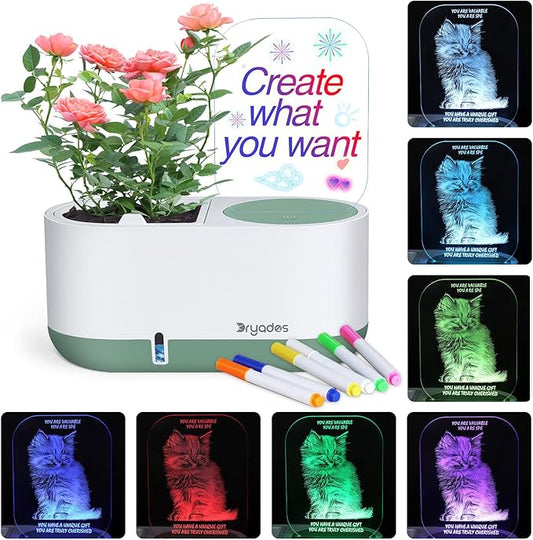 Self-Watering Plant Pot with LED Note Board & 7 Colors Pen Acrylic Message Board with Light Acrylic Dry Erase Board, Led Cat Board Night Light with Planting Pot for Room/Store/Office (No Plant&Seed)