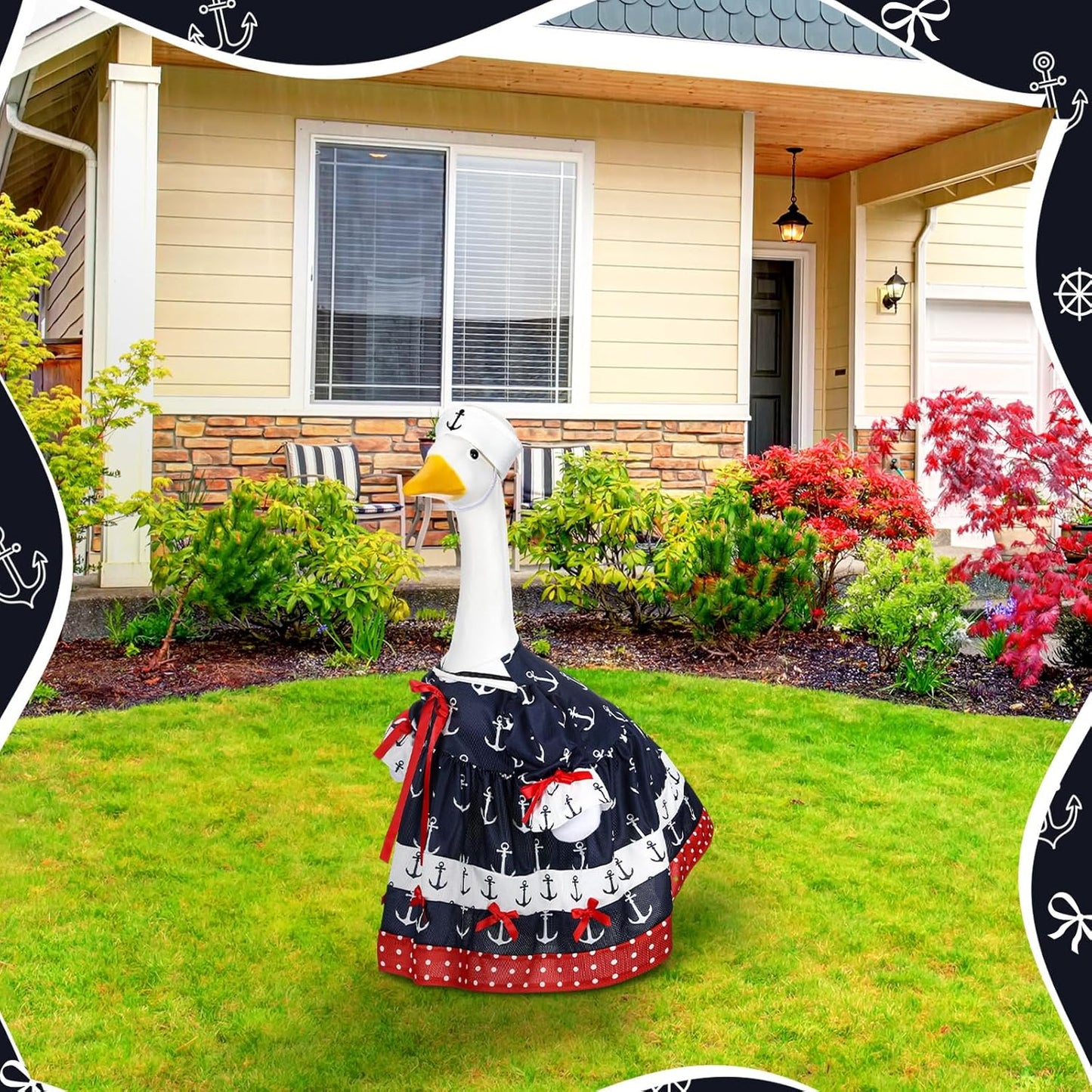 Summer Porch Goose Outfit Nautical Party Sailor Goose Clothes for 23" High Cement or Plastic Geese Costume Cruise Dresses for Yard Lawn Outdoor Garden Patio Anchor Ocean Holiday Beach Decor