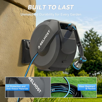 Retractable Garden Hose Reel 120 ft x 1/2 in, Heavy Duty Hose Reel Wall Mount with Any Length Lock, Slow Return System, 180° Swivel Bracket, 10-Pattern Garden Hose Nozzle, Dark Grey