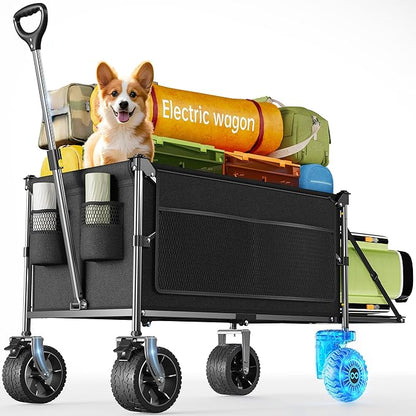 Electric Utility Wagon Cart–330 lb Load, 180 L Foldable Beach Wagon with Remote, 4-Speed, All-Terrain Wheels for Camping, Beach, Garden & Shopping, Black