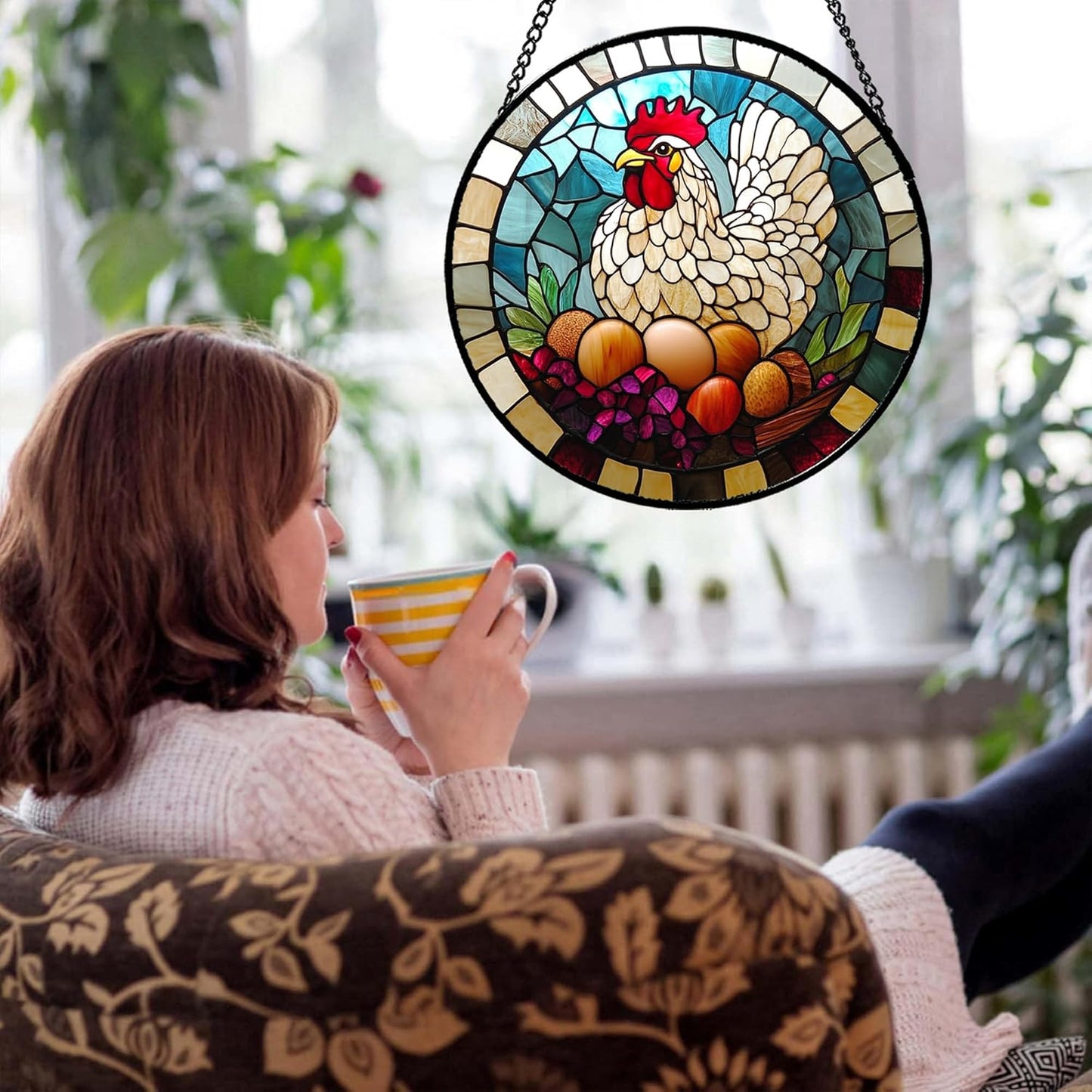 Stained Glass Window Hanging White Chicken Hatching Eggs 9.8" - Suncatcher Door Garden Sunroom Sun Catcher Home Decor Birthday Christmas for Mom Men Woman Nana