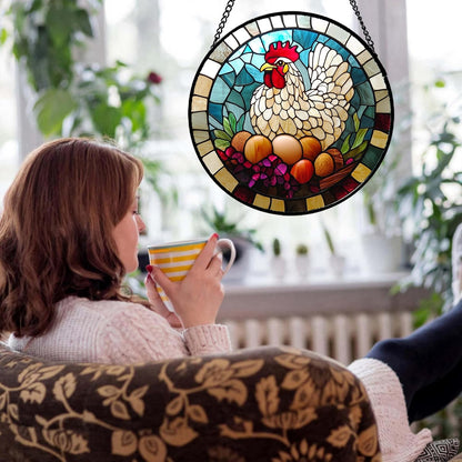 Stained Glass Window Hanging White Chicken Hatching Eggs Large 15" - Suncatcher Door Garden Sunroom Sun Catcher Home Decor Birthday Christmas for Mom Men Woman Nana