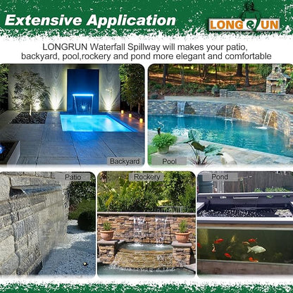 LONGRUN Pool Fountain Stainless Steel Outdoor Pond Spillway Waterfall with Wider Water Flow Platform Multi-Color LED Light Spray Indoor Waterfall Fountains for Garden-23.6" x 8" x 3.94"(W x D x H)