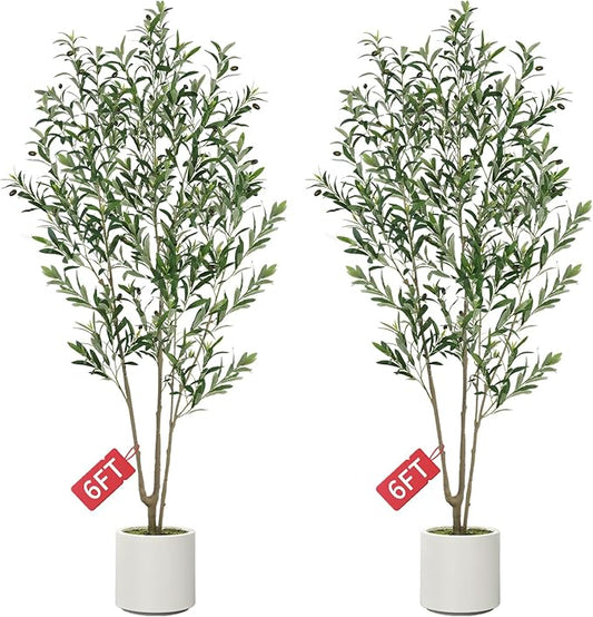 Olive Trees Artificial Indoor, 2 PCS 6FT Faux Olive Tree with Tall Pot, Natural Wood Trunk Treemote and Leaves, Fake Plant for Home Office Bedroom Decor