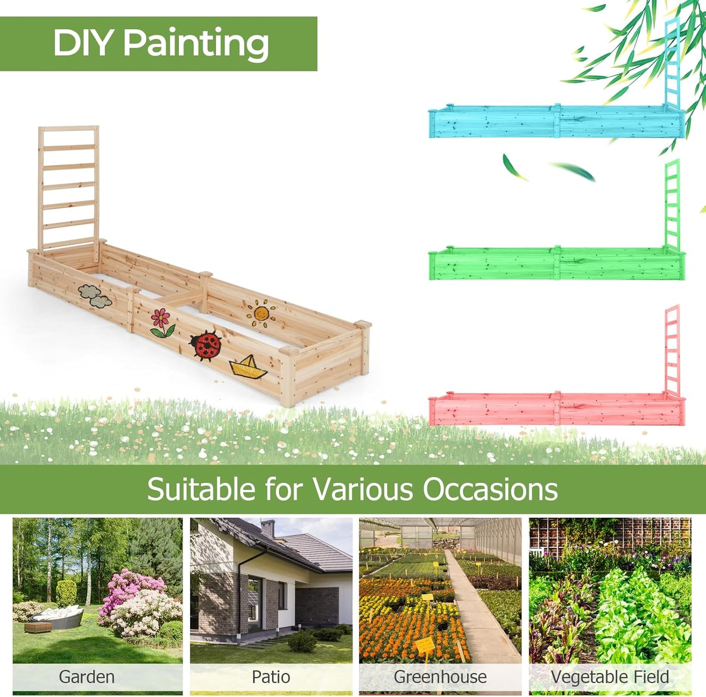 S AFSTAR Raised Garden Bed with Trellis & Planter Box, 93" L x 25" W x 40" H Outdoor Wooden Planter Box Kit for Flower Herb Vegetable Fruit Climbing Vines, Elevated Gardening Bed for Garden Patio