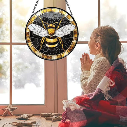 Stained Glass Window Hanging - Black Gold Bee White Wings Sun Catcher for Door Home Decor Insect Suncatcher Christmas Mother's Day Birthday Gifts for Women Men Lovers Mom Nana 6.3 in