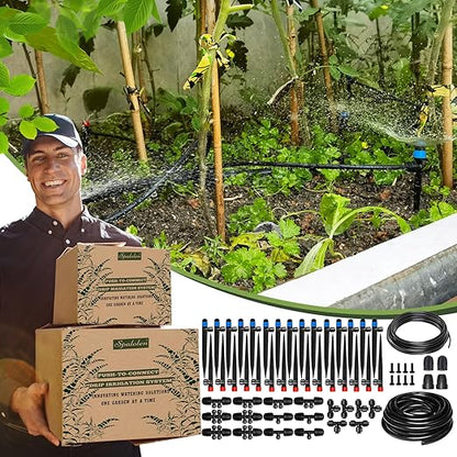 Push-to-Connect Drip Irrigation System Adjustable Irrigation System for Garden Raised Bed Automatic Plant Watering System Complete Drip Irrigation Kit with Drip Emitters, Tubing, Connectors