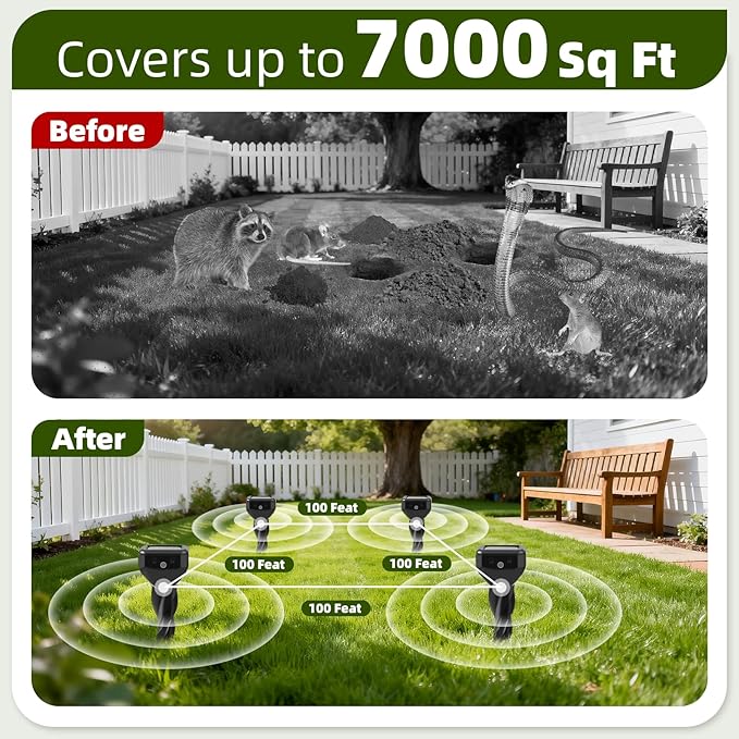 2025 Upgraded Mole & Snake & Skunk & Rabbit Repellent Solar Powered, Ultrasonic Deterrent, IP65 Waterproof, Effective Get Rid of Gopher Raccoon Vole Groundhog Chipmunk for Yard Lawn Garden, 4-Pack
