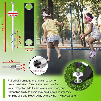 Eurmax USA Ground Anchors Screw in Trampoline Anchors High Wind Tent Stakes Heavy Duty Ground Stakes Trampoline Stakes Anchor Kit Set of 4 Bonus 4 Strong Belt (Silver)