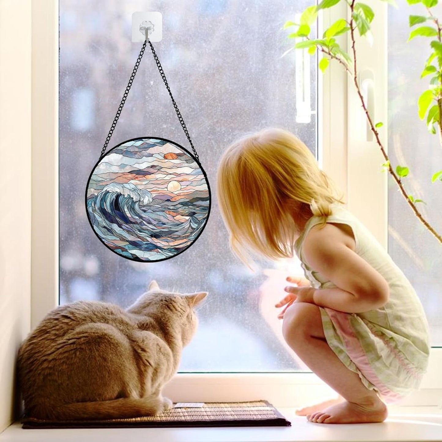 Stained Glass Window Hanging, Sunrise Waves Sun Catchers Diamond Glass Panel Hangings Abstract Suncatcher Decor for Birthday for Women, Men, Wife, Aunt, and Mom 6.3 in