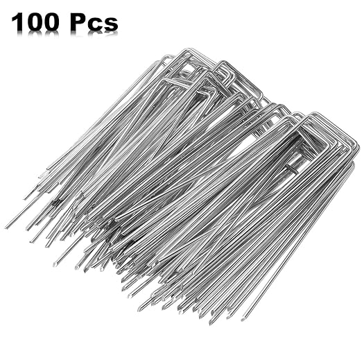 HARFINGTON 100pcs Garden Ground Stakes 6" U Pegs Galvanized Iron Landscape Staples Pointed Tip Loop Stake for Anchoring Lawn Ground Tubing Drip Irrigation Hoses