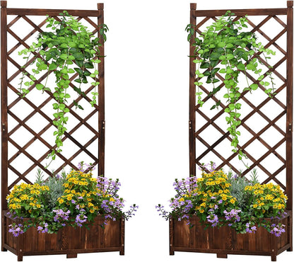 Anraja Raised Garden Bed Planter with Trellis Outdoor Wood Box 67in Set of 2 Flower Standing Planter Box Privacy Lattice Panels with Legs for Patio Porch w/Drainage Holes 29.5" L x 17.0" W x 67.0" H