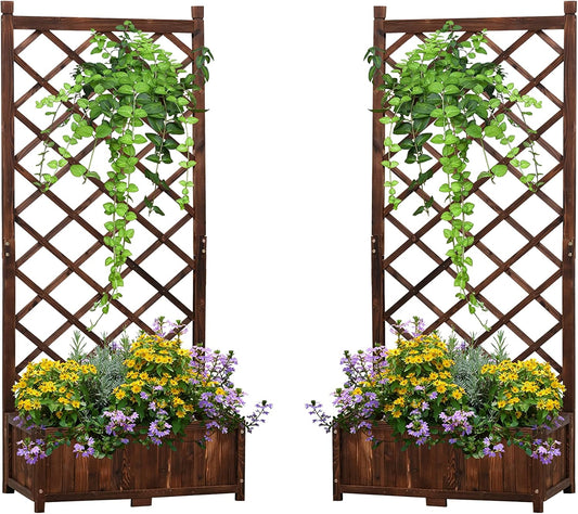 Anraja Raised Garden Bed Planter with Trellis Outdoor Wood Box 67in Set of 2 Flower Standing Planter Box Privacy Lattice Panels with Legs for Patio Porch w/Drainage Holes 29.5" L x 17.0" W x 67.0" H