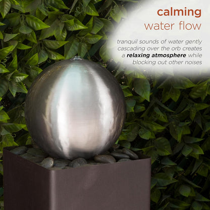 Alpine Corporation CPS188 Indoor Outdoor Modern Metal Orb Water Floor Fountain with River Rock Stone for Patio, Garden and Living Room, 37" H, Brown