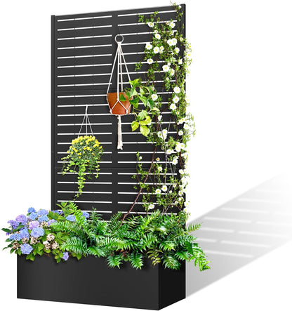 Metal Planter Box with Trellis, Raised Garder Bed with Drainage Hole, Privacy Screen & Trellis for Climbing Plants, Outdoor Plant Stands, 35''L×16''W×71''H, Black