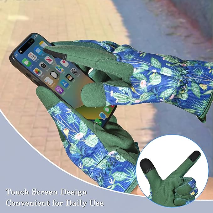 Gardening Gloves for Women and Men, Garden Gloves with Touch Screen, Thorn Proof Puncture Resistant Working Gloves, Gardening Gifts for Women,Blue-green flowers M