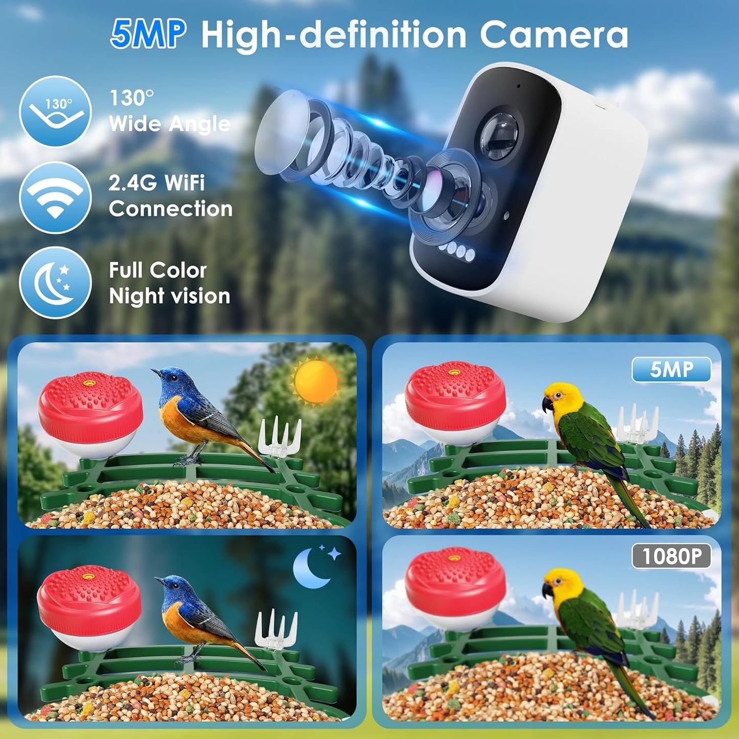 Smart Bird Feeder with 2.5K HD Camera – AI Bird Species Recognition, Solar-Powered, Live Alerts & Video Capture, Squirrel-Proof Outdoor Birdhouse, Gift for Nature Lovers