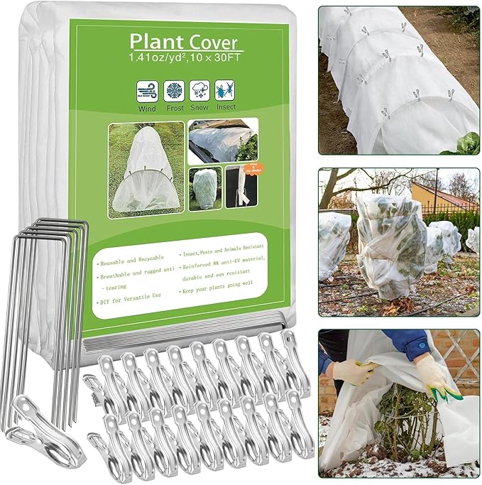 Plant Covers Freeze Protection, 10ft x 30ft 1.41oz/yd² White Frost Cloth Plant Blankets with 20 Stainless Steel Clips Floating Row Covers for Outdoor Gardens Vegetables Winter Frost Pests Protection