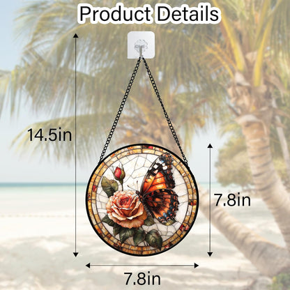 Stained Glass Window Hanging, Butterfly Picking Flowers Suncatcher for Doors Home Sun Catchers Decoration and Christmas, Mother's Day Birthday Gifts for Women, Men, and Mom 7.8 in