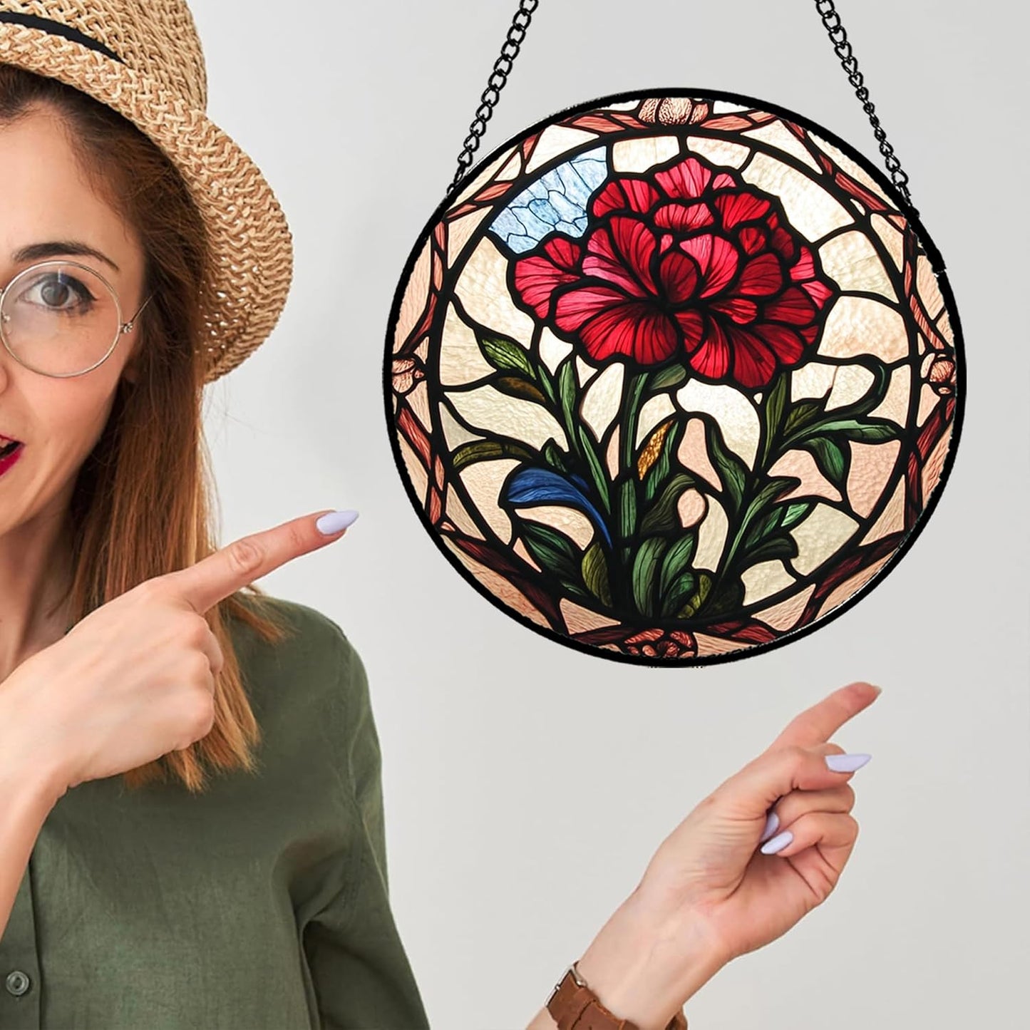 Stained Glass Window Hanging - Red Carnation Birth Flower Sun Catcher for Door Garden Home Decor Suncatcher Christmas Mother's Day Birthday Gifts for Women Men Mom Nana Friend Wife 11.8 in