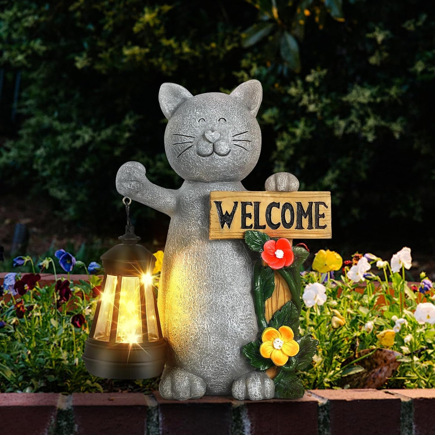 Solar Cat Statue Outdoor Decor-9.4" Welcome Garden with Sculpture Solar Lantern Flowers,Weatherproof Resin Art for Patio, Lawn,Yard Outside, for Women,Grandma,Adults,Kids,Cat Lovers