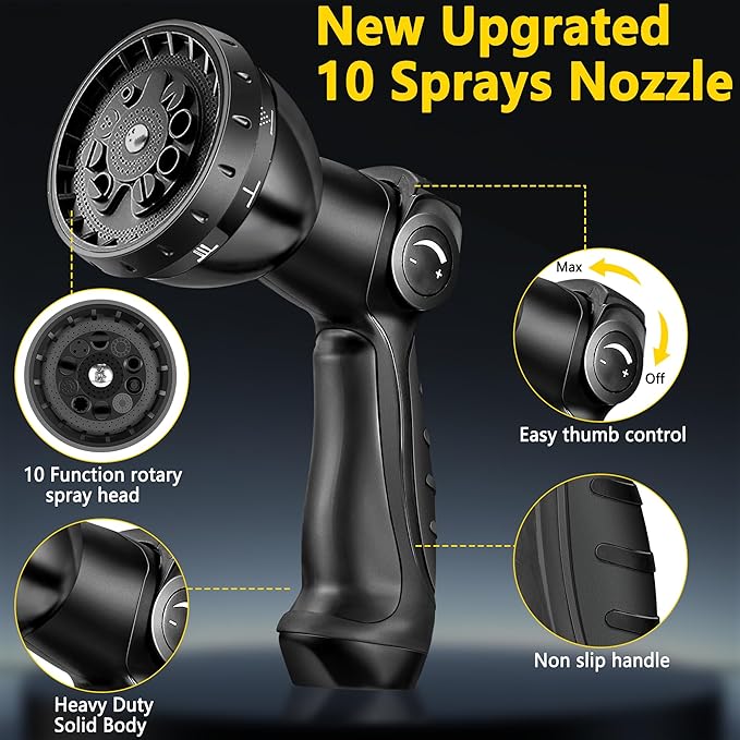 200 ft Expandable Garden Hose - Expanding Water Hose with 10 Spray Nozzles&3/4" Solid Brass Fittings - Retractable,Flexible，Lightweight No-Kink Free&Tangle Car Washing Pipe for Yard,Outdoor