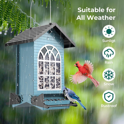 Squirrel Proof Bird Feeders for Outdoors Hanging, 5LBS Large Capacity, Metal Wild Seed Feeder with Bilateral Weight-Activated Perches, Anti Squirrel Birdfeeder for Outside Finch, Cardinal- Blue