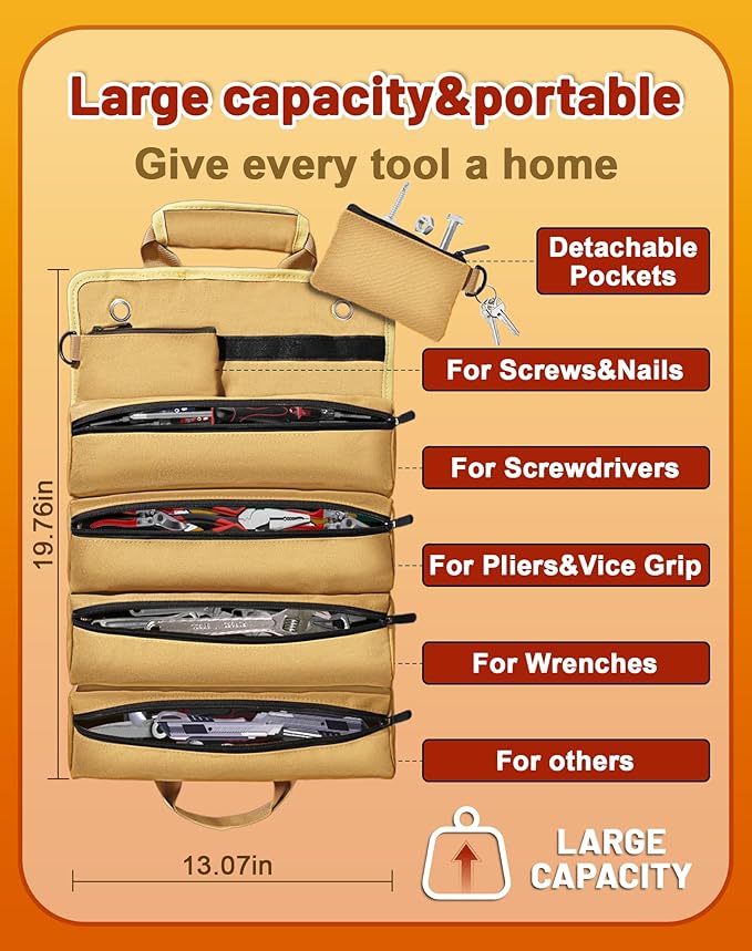 QcoQce Heavy Duty Oxford Tool Roll, Waterproof Durable Tool Bag with 6 Pockets, Tool Organizer for Garage, Vehicle Maintenance, Home Repairs, Portable Roll Up Tool Bag Gift for Men