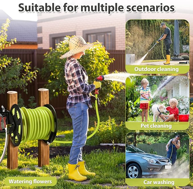 GADFISH Garden Wall Mounted Hose Reel, Metal Hose Reel, Holds 125ft of 5/8-Inch Hose(Not equipped), Equipped with 3.9ft Water Supply Hose and Small Storage Basket, Suitable for Gardens & Yards