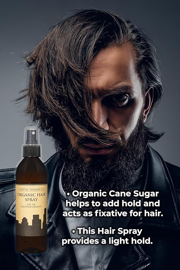 Seattle Pomade Co. Certified Organic Hair Spray made with Organic Aloe and Acacia Fiber. Strengthens & Lightly Holds Hair. Globally sourced certified organic materials.