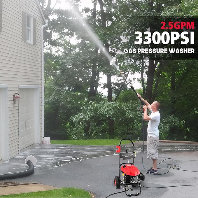 PowerSmart Gas Pressure Washer - 3300 PSI, 2.5 GPM with Onboard Soap Tank, Spray Gun & Wand, and 5 Nozzles - Perfect for Cleaning Cars, Fences, Driveways, Homes, Patios & Furniture